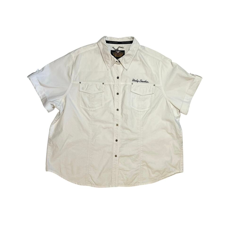 VTG 90s Harley Davidson 3XL White Button Down Shirt Short Sleeve Biker Grommet